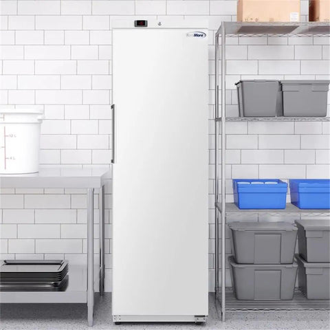 No Hassle Commercial Upright Freezer With Automated Defrost And Sleek Digital Panel For Restaurants in clean white, 12 cu ft, with adjustable racks.