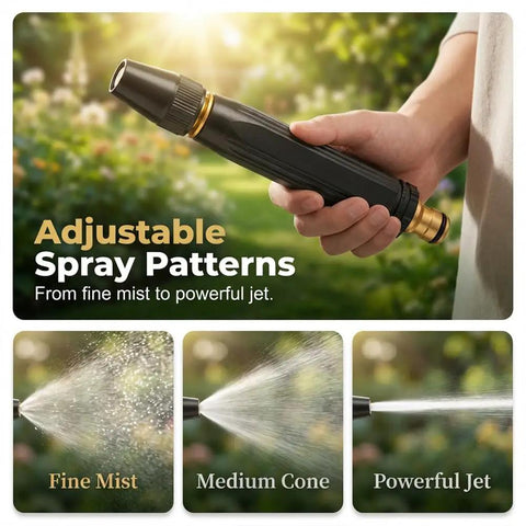 Adjustable High Pressure Hose Nozzle With Connector Set showing spray patterns from fine mist to powerful jet for outdoor cleanup.