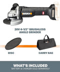 Cordless 4.5 Inch Angle Grinder With Brushless Motor, 20V Power Share, Tool Only, shown with disc and carry bag