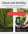 All In One 6 In 1 Soil Test Kit With LCD Display For Garden showing fertility measurement in soil with plant comparison.