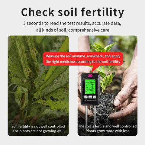 All In One 6 In 1 Soil Test Kit With LCD Display For Garden showing fertility measurement in soil with plant comparison.