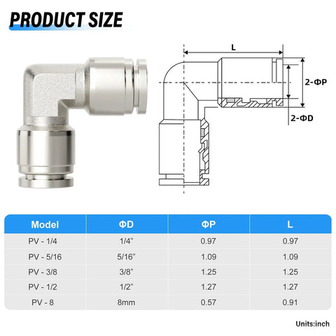 Diagram and dimensions of 304 Stainless Steel Push To Connect Elbow Fitting Three Eighths Inch Outer Diameter 90 Degree