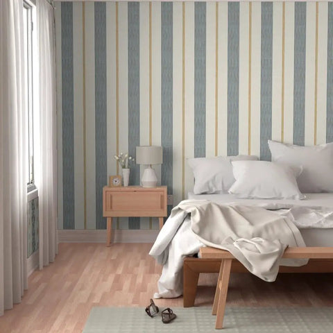 Premium Traditional Wallpaper With A Subtle Linen Texture Built Tough For Busy Households Straight Up Smooth Matte Finish in a bedroom with striped wall.