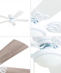 52 Inch Indoor Ceiling Fan With Light And LED Flush Mount 5 Blade Style In White Or Gray Oak Finish For Large Rooms