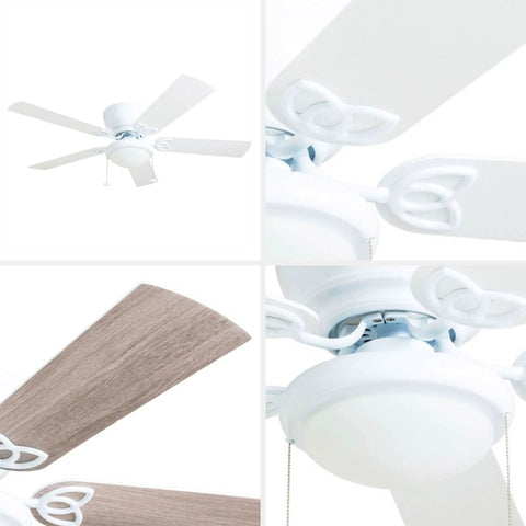 52 Inch Indoor Ceiling Fan With Light And LED Flush Mount 5 Blade Style In White Or Gray Oak Finish For Large Rooms
