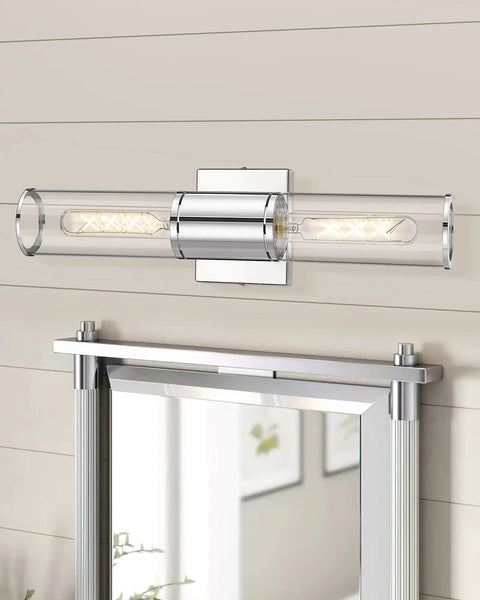 Chrome Bathroom Vanity Light Fixtures With Clear Glass Sconces Two Light Chic Modern Up And Down Wall Mount Lamp above mirror