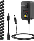 All In One 30W Adjustable Power Supply Adapter for Gadgets, 3V to 12V Output with 5V 2.1A USB Port, 14 tips, black adapter with cord