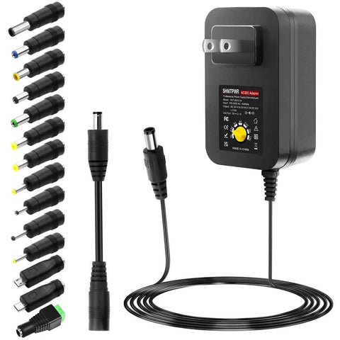 All In One 30W Adjustable Power Supply Adapter for Gadgets, 3V to 12V Output with 5V 2.1A USB Port, 14 tips, black adapter with cord