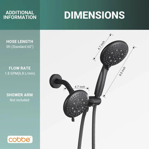 2-In-1 Shower Head Combo With Water Saving 1.8 GPM Rainfall And Handheld Spray, 59-Inch Stainless Steel Hose, Matte Black Finish