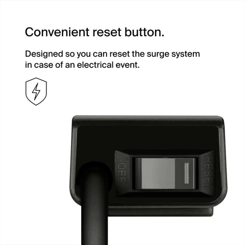 Close-up of reset button on Six Outlet Surge Protector Power Strip With Six Foot Long Heavy Duty Extension Cord 360 Degree Rotating Plug And 600 Joules Of Protection For Your Desk Setup, Computers, Conference Rooms And More.