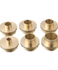 Six brass router guide bushings from the Badass 11 Piece Brass Router Guide Bushing Kit for woodworking projects.