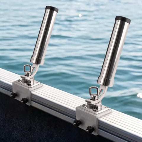 Boat Track Mount Fishing Rod Holder, 2 Pack, Adjustable Stainless Steel Rod Holders For Marine Slide Rail System, Heavy Duty Fishing Pole Holder For Boat Kayak Yacht, mounted on boat rail