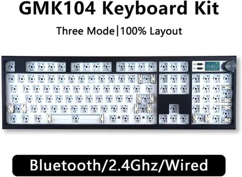 Next Level Full Size Mechanical Keyboard Barebones Kit Decked Out With Smart Screen And Volume Knob Hot Swappable Gasket Mount Tri Mode Wireless Qmk Via Programmable Legit Smooth Rgb Backlit Board Black top view of GMK104 keyboard kit with hot-swappable slots and smart screen.