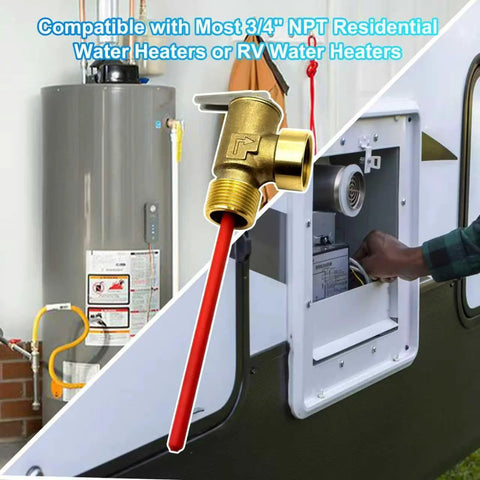 Brass 3/4 in T&P pressure relief valve with extended probe and red sensing tube for RV or home water heater