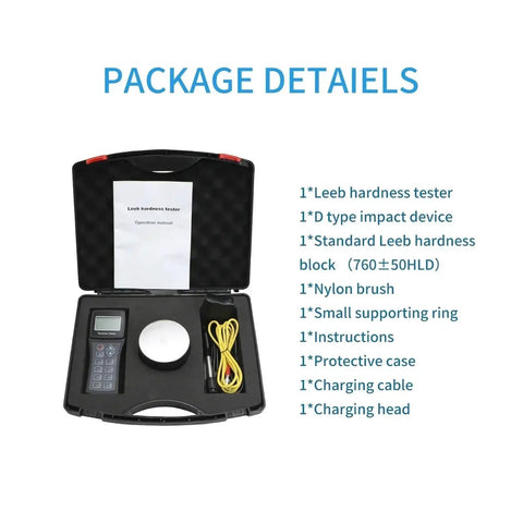 Portable Digital Hardness Tester Meter For Metal Materials Plug And Play Operation Heavy Duty Design With Built In Printer inside protective case with components laid out.
