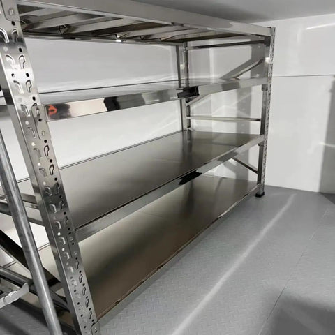 Ultra Durable 4 Shelf Garage Organizer Rack With 304 Stainless Steel Build For Tools, Power Cords And Storage Bins in a garage
