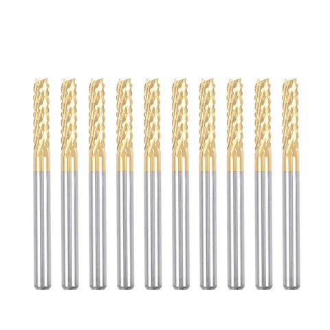 Ten Piece 3mm Titanium Coated Carbide End Mill Engraving Milling Cutter CNC Router Bits For PCB Milling One Eighth Inch Shank Durable High Hardness Wear Resistant Pro Grade Tool Set