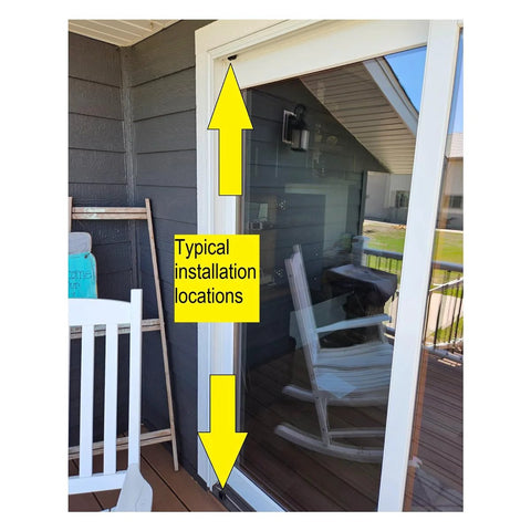 Sliding patio door with arrows showing installation of Pair Polyurethane Rubber Bumpers For Sliding Patio Doors With Hardware Included