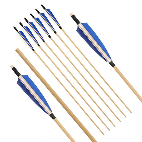 31 Inch Wooden Archery Arrows For Longbow And Recurve, Turkey Feather Fletched 5 Inch Feathers, Blue 6/12 Pack, Indonesian White Wood Shafts