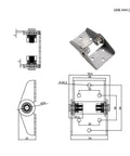 Adjustable damping hinge in stainless steel 304 with mounting bracket; front, side and top views.