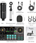 All In One Podcast Studio Bundle With Mixer And USB Audio Interface Plus Condenser Microphone in package components and dimensions