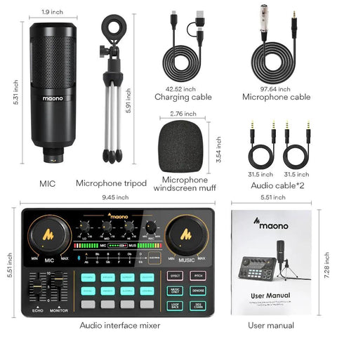 All In One Podcast Studio Bundle With Mixer And USB Audio Interface Plus Condenser Microphone in package components and dimensions