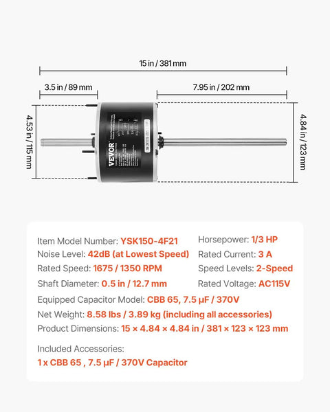 One Third HP RV Air Conditioner Fan Motor With Capacitor AC 115V 3A Dual Speed 1675 and 1350 RPM 0.5 Inch Shaft Replacement schematic