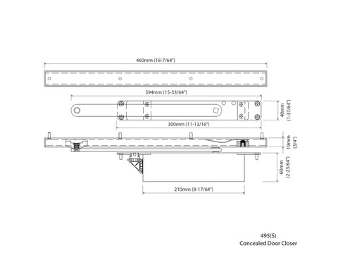 Technical diagram of Concealed Door Closer Up To 220 Lbs For Heavy Doors Built Tough Non Handed With Dual Speed Control And Hidden In Door Frame