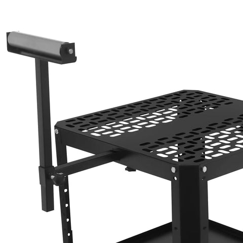 Hella Sturdy Height Adjustable Miter Saw Stand With Heavy Duty Wheels And 550 Pound Load Rating Includes Twin Extension Rollers with sturdy steel frame and side handle.