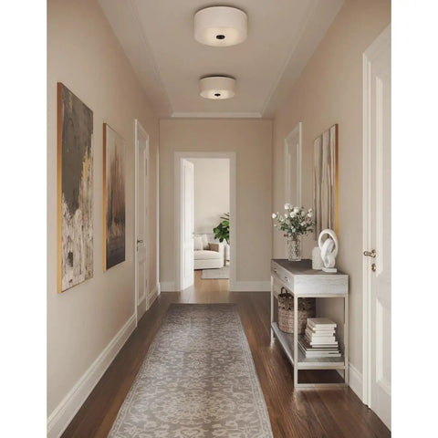 Cool One Light LED Flush Mount Ceiling Light In Graphite Finish, 13 Inch Diameter, 6 Inch Height, installed in a hallway