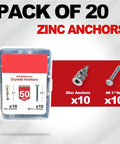 Heavy Duty Self Drilling Drywall Anchors Kit With 75 Lb Load Support 120 Pieces And Size 8 By 1 1/4 Inch Screws Yellow Zinc Plated Carbon Steel Rust Resistant Quick No Prep Install For Wall Mounting pack of 20 zinc anchors with 1 1/4 in screws