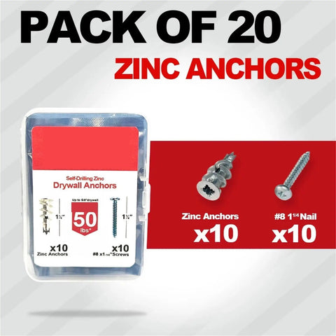 Heavy Duty Self Drilling Drywall Anchors Kit With 75 Lb Load Support 120 Pieces And Size 8 By 1 1/4 Inch Screws Yellow Zinc Plated Carbon Steel Rust Resistant Quick No Prep Install For Wall Mounting pack of 20 zinc anchors with 1 1/4 in screws