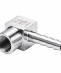 Heavy Duty Three Zero Four Stainless Steel Ninety Degree Elbow Joins Five Sixteenth Hose Barb To Quarter Female Npt Threading, detailed view.