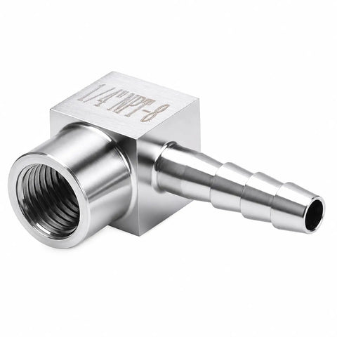 Heavy Duty Three Zero Four Stainless Steel Ninety Degree Elbow Joins Five Sixteenth Hose Barb To Quarter Female Npt Threading, detailed view.