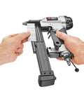 Dead Simple Six Gallon Pancake Air Compressor Bundled With Three Pro Nail Guns including Finish Nailer in use with nails.