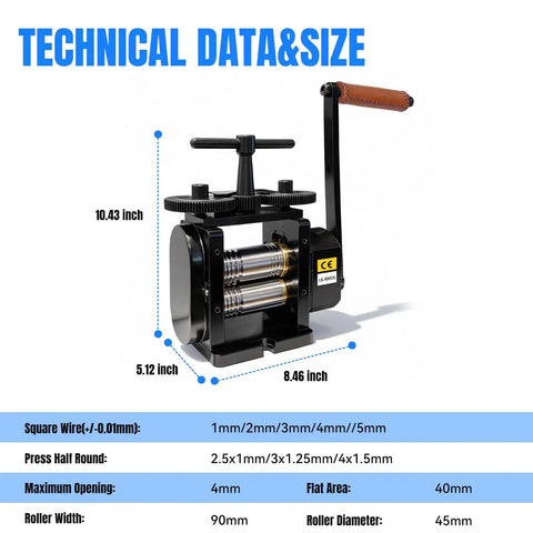 Manual Jewelry Rolling Mill Machine With 90mm Flat Rollers And 4 To 1 Gear Ratio For DIY Jewelry Making And Metalworking