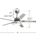 52 Inch Brushed Nickel Ceiling Fan With Light And Remote Quiet Reversible Motor Stainless Steel Blades Dimmable LED Light Kit