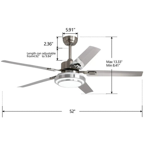 52 Inch Brushed Nickel Ceiling Fan With Light And Remote Quiet Reversible Motor Stainless Steel Blades Dimmable LED Light Kit