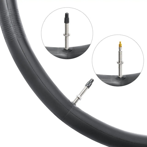 Two Pack 700C Bike Tubes With Presta Valve 48mm Premium Butyl Rubber with close-up of valve details