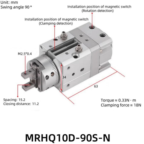Badass Pneumatic Actuator With Rotary Swing Finger Design For Heavy Duty Industrial Automation Pick And Place Tasks Built Damn Tough No Sweat Cylinder Gripper Tool, side view with dimensions and installation details.