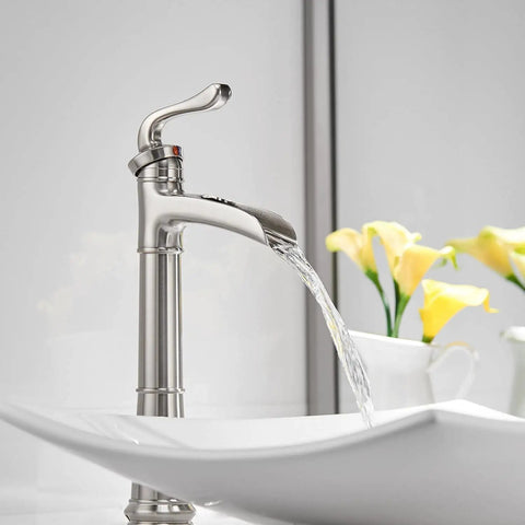 Vessel Sink Faucet With Waterfall Style In Brushed Nickel, Tall Farmhouse Style Bathroom Faucet flowing into a white sink