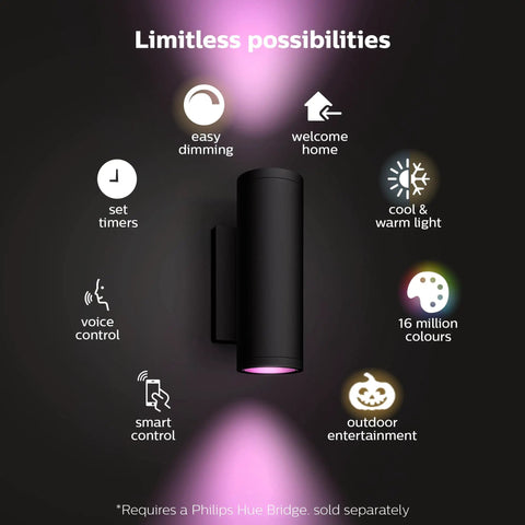 Appear Outdoor Smart Wall Light With White And Color Ambiance LED Weatherproof Porch showing features like dimming and color options.