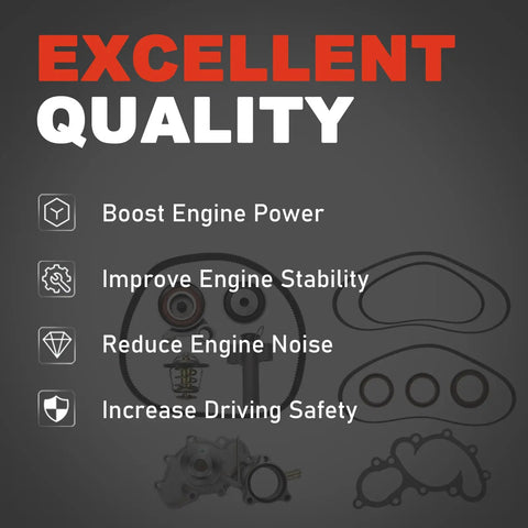 Engine Timing Belt Kit With Fresh Water Pump Set Compatible For Toyota Tacoma And Tundra Trucks From 1995 Till 2000 Ensure Smooth Engine Operation And Stop Breakdowns While Driving Using Beefy Parts That Outlast OEM Options Shop Best Deals Now. infographic with timing belt, water pump, and gaskets