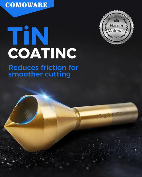 Heavy Duty Titanium Coated HSS Countersink Drill Bit Set for Wood and Metal close-up showing 15-20mm chamfer bit