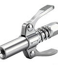 Chrome grease gun coupler with dual-lock-on lever and spring, side view
