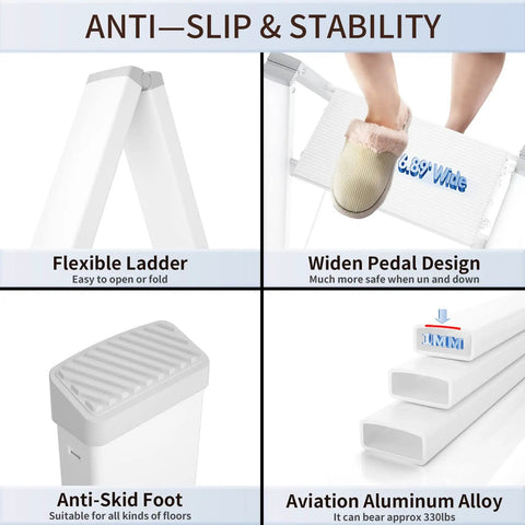 Lightweight Aluminum 3 Step Folding Step Stool With Wide Anti Slip Pedals, 330 Lbs Capacity, Portable Home Office Stepladder In White, Easy Fold, Secure Grip; features include flexible ladder, anti-skid foot, widen pedal design, aviation aluminum alloy.