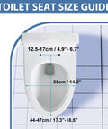 Toilet seat size guide showing dimensions for No Slamming Quiet Close Open Front Elongated Bathroom Seat.