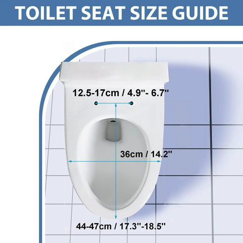 Toilet seat size guide showing measurements for White Elongated Open Front Toilet Seat With Lid Smooth Slow Close Hinge.