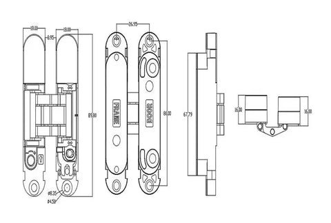 Technical drawing of concealed cabinet door hinge set for cupboards with dimensions, detailing soft-close mechanism.