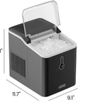 Front view of Iceman nugget ice maker on countertop with lid open and ice inside; ICEMAN logo visible.